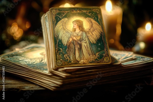 Angel tarot card resting on stack of cards by candlelight photo