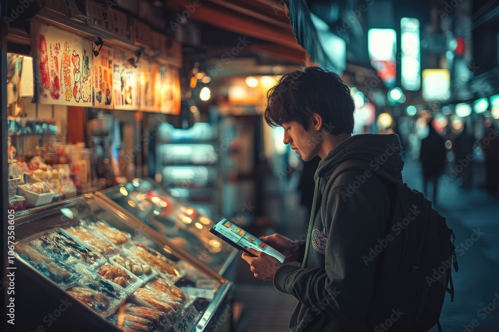 Young man using tablet and ordering street food in osaka, japan Young man using tablet and ordering street food in osaka, japan