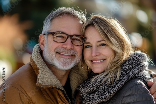 Happy mature couple smiling together outdoors in winter