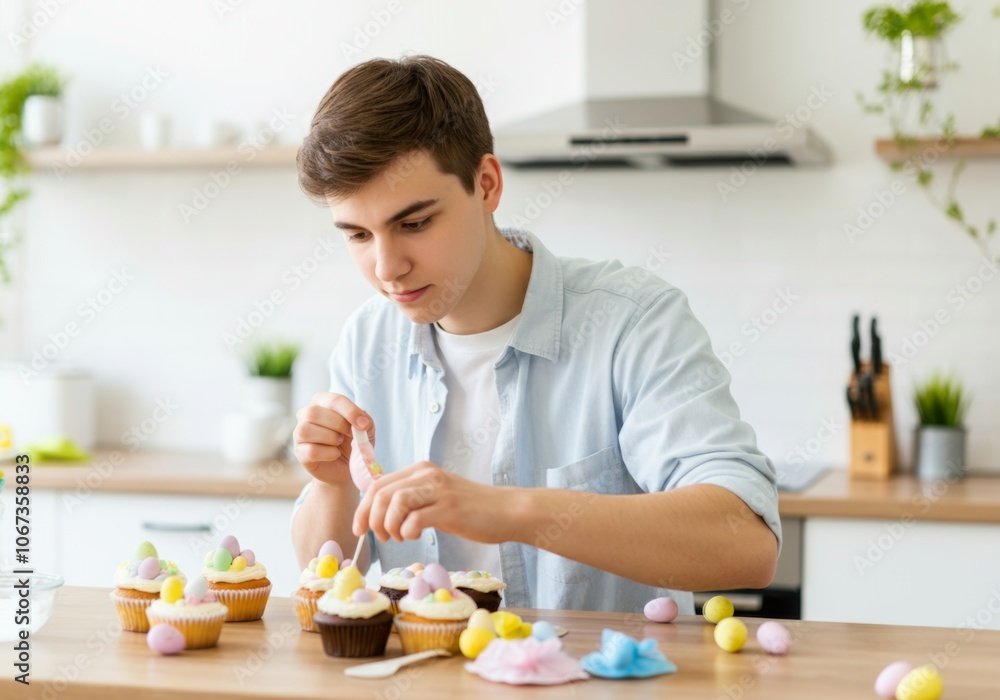 Young man decorating Easter cupcakes in modern kitchen setting Young man decorating Easter cupcakes in modern kitchen setting