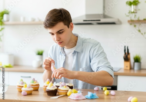 Young man decorating Easter cupcakes in modern kitchen setting