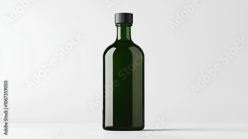 A green bottle with a black cap sits on a white background