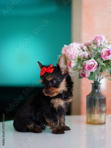 Yorkshire Terrier Puppy Sitting on a white table on blue background. Cute domestic pets