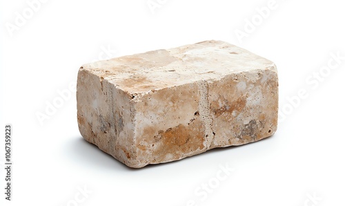 An isolated image of a weathered brick, showcasing its texture and color variations, ideal for construction or architectural themes.