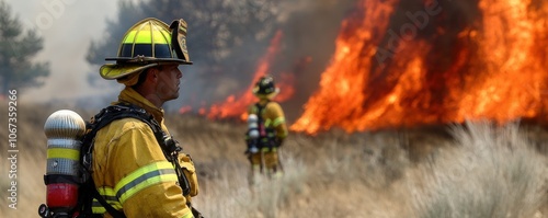 Wallpaper Mural Firefighters combat a raging wildfire, dressed in protective gear, showcasing bravery amidst a backdrop of flames and smoke. Torontodigital.ca