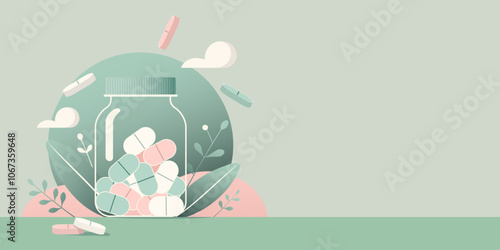 Glass jar with pills on the background of leaves and clouds, pastel colors, minimalist style.