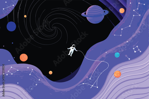 Futuristic space vector background featuring a stylized astronaut floating amidst stars and planets.