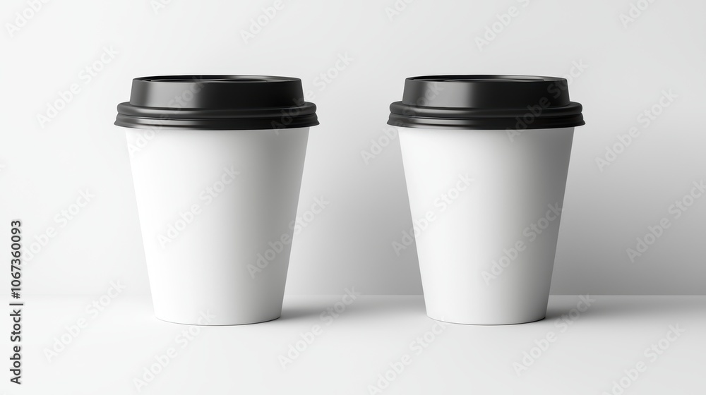Two white paper cups with black lids Two white paper cups with black lids