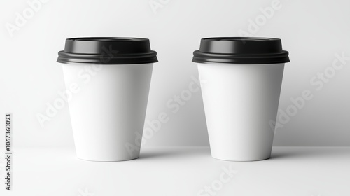 Two white paper cups with black lids