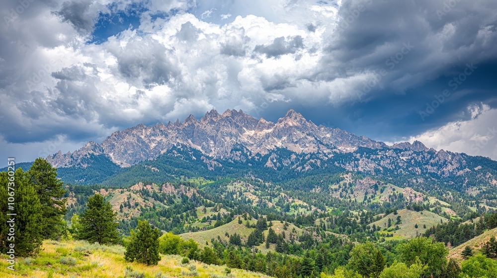 Fototapeta premium Majestic mountain landscape under a dramatic sky with greenery below.