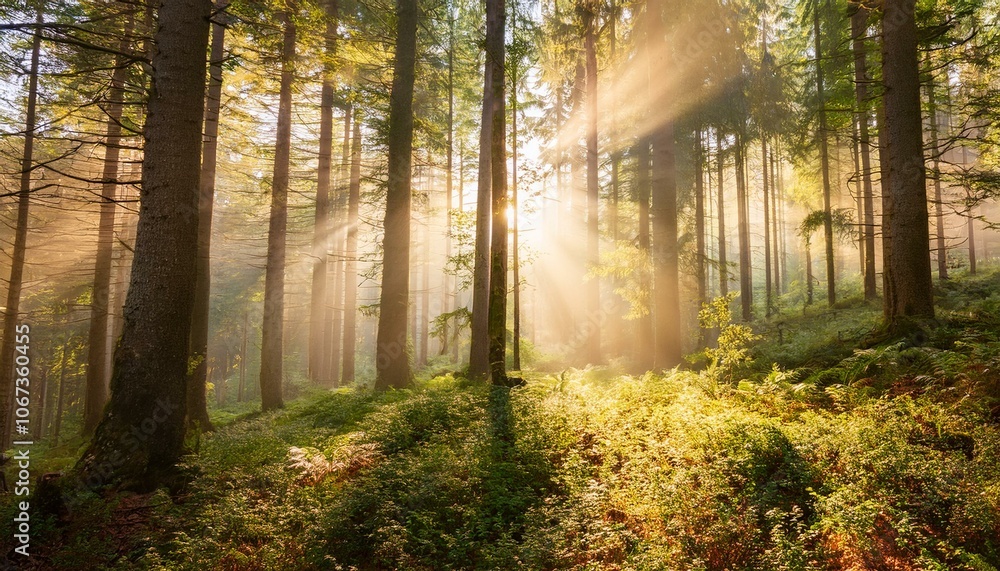 Obraz premium Celebrate the tranquility of a sunlit forest scene. 