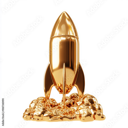 A gold rocket is sitting on a pile of rocks photo