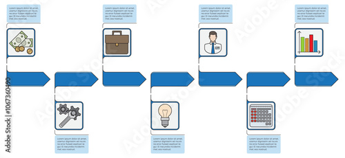 Blue arrow flowchart with square boxes containing icons of money, briefcase, doctor, graphs, tools, bulb, calculator. Boxes have text. Ideal for business presentations, process optimization, project