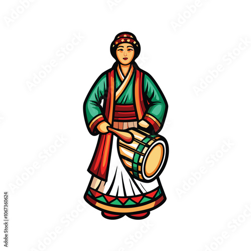 A vector illustration of a traditional Korean pansori singer performing in vibrant, colorful clothing.