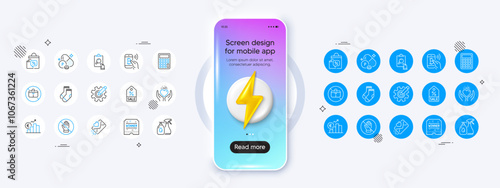 Hold heart, Calculator and Love letter line icons. Phone mockup with 3d energy icon. Pack of Winner ticket, Bitcoin pay, Sale bags icon. Inspect, Cleaning liquids, Socks pictogram. Vector