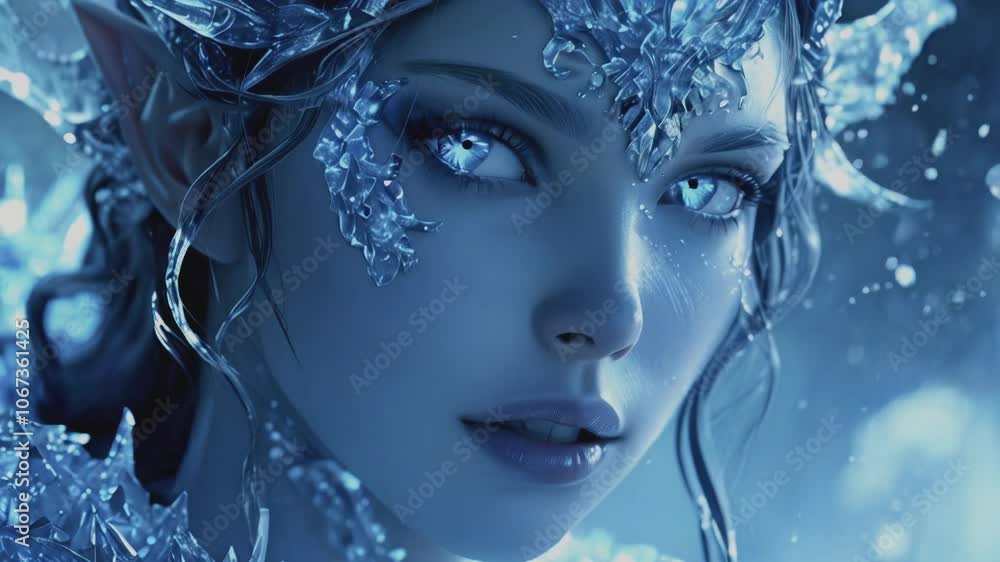 A stunning close-up of a mystical ice queen with piercing blue eyes and intricate ice crystal adornments. Her skin glistens like frost, and the entire scene has a cool, ethereal glow, capturing a wint A stunning close-up of a mystical ice queen with piercing blue eyes and intricate ice crystal adornments. Her skin glistens like frost, and the entire scene has a cool, ethereal glow, capturing a wint