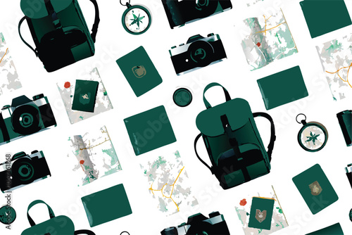 Design a seamless vector pattern featuring essential travel items like passport, luggage, airplane, and compass.