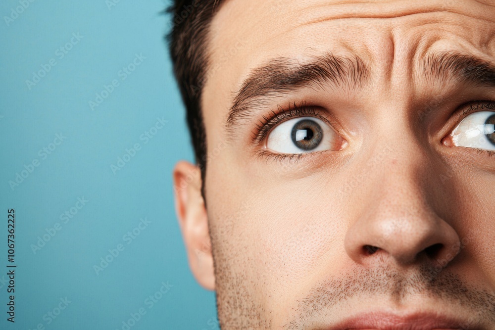 Fototapeta premium Close-up of a man's face showing surprise and concern against a blue background.