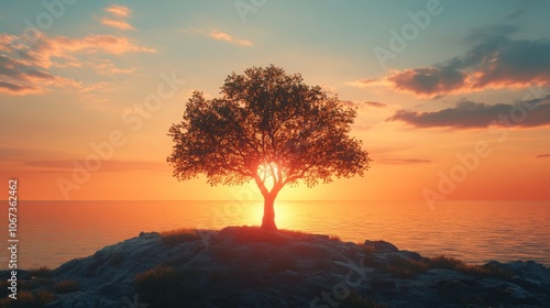 Oceanfront Sunset Tree Silhouette, tranquil scene of a lone tree against a vibrant sunset sky reflecting on calm waters