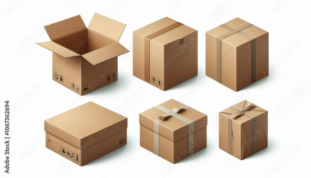 cardboard box Realistic mockup side, front and top, open and closed, isolated on white background. Parcel packaging template illustration cardboard box Realistic mockup side, front and top, open and closed, isolated on white background. Parcel packaging template illustration