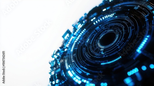 Futuristic digital abstract background with glowing blue circuit patterns.