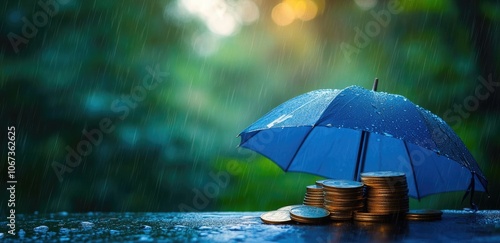Wallpaper Mural Blue Umbrella on Coins Stack in Rain, Green Nature Background, Financial Protection Concept, Flat Lay of Wealth and Future Savings Torontodigital.ca