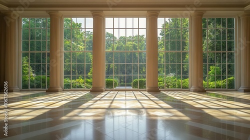 spacious interior featuring grand columns and large windows showcasing a modern architectural style with sunlight flooding the space evoking a sense of openness and tranquility