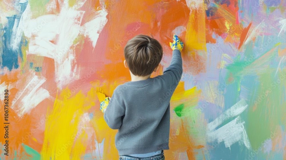 Fototapeta premium Boy engrossed in painting a vibrant mural on a large wall, showcasing creativity and artistic expression in a lively urban setting