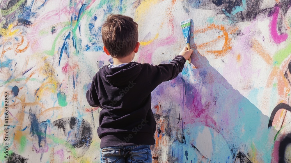 Obraz premium Boy creating a vibrant mural on a large wall, immersed in his artistic process, surrounded by colorful paints and tools.