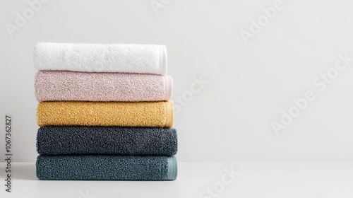 Stack of colorful towels on white background.