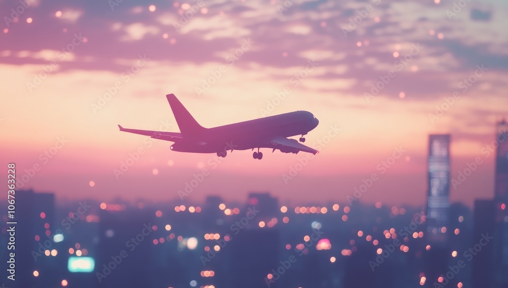 Airplane Flying Over Cityscape with Bokeh Lights at Sunset, Urban Skyline Background, Travel and Vacation Journey Concept Airplane Flying Over Cityscape with Bokeh Lights at Sunset, Urban Skyline Background, Travel and Vacation Journey Concept