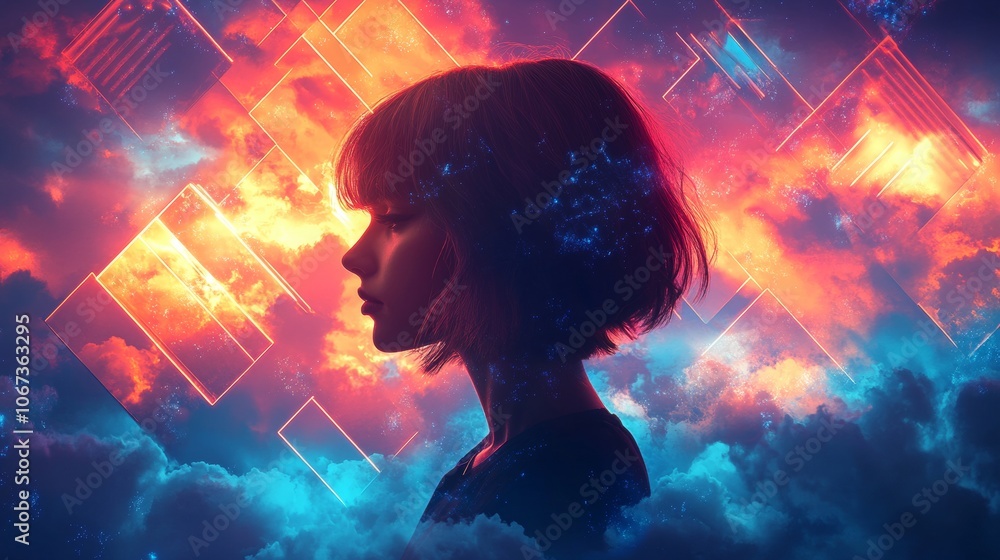 Neon Dreamscape, a vibrant silhouette of a woman amidst glowing geometric shapes and a pastel synthwave sky, merging 80s aesthetics with modern flair. Neon Dreamscape, a vibrant silhouette of a woman amidst glowing geometric shapes and a pastel synthwave sky, merging 80s aesthetics with modern flair.