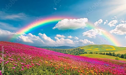 Vibrant landscape with flowers and a rainbow arching above.