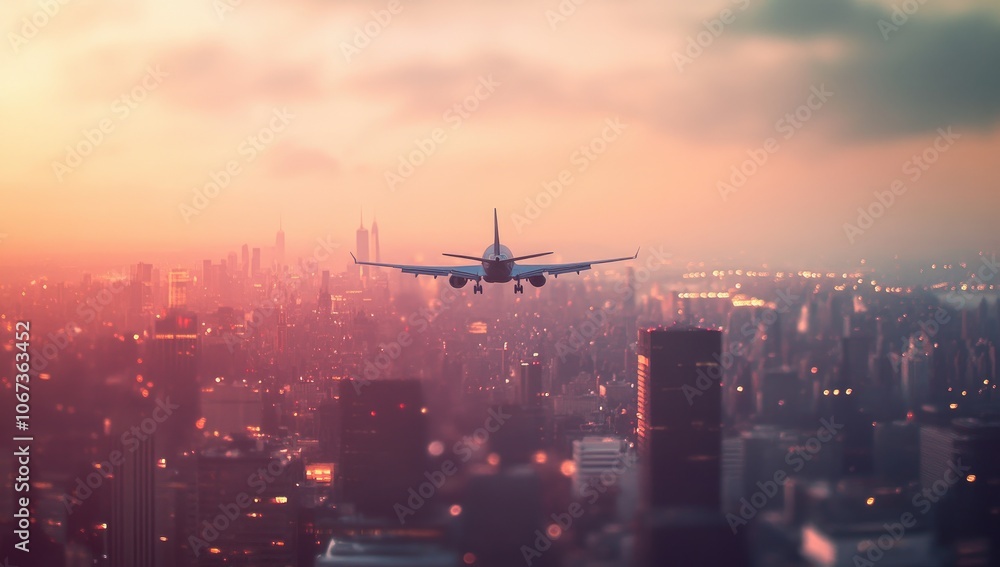 Airplane Flying Over Cityscape with Bokeh Lights at Sunset, Urban Skyline Background, Travel and Vacation Journey Concept Airplane Flying Over Cityscape with Bokeh Lights at Sunset, Urban Skyline Background, Travel and Vacation Journey Concept