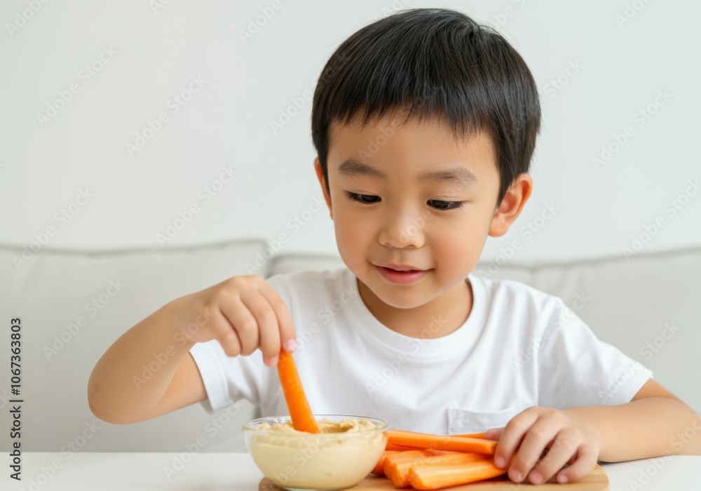 Child enjoying healthy snack with carrot sticks and hummus at home Child enjoying healthy snack with carrot sticks and hummus at home