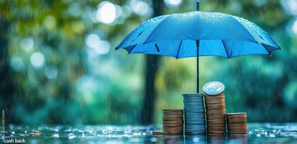 custom made wallpaper toronto digitalBlue Umbrella on Coin Stack with Rainy Green Bokeh Background, Business and Financial Protection Concept