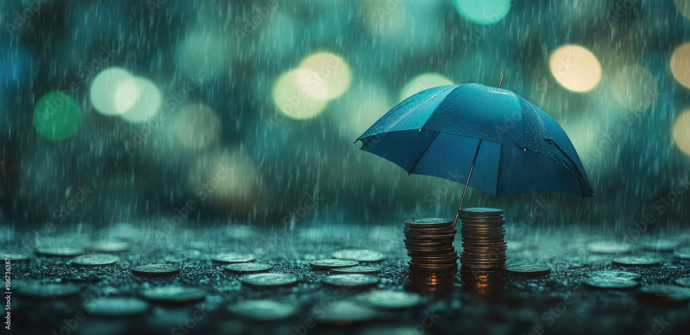 custom made wallpaper toronto digitalBlue Umbrella on Coin Stack with Rainy Green Bokeh Background, Business and Financial Protection Concept