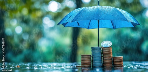 Wallpaper Mural Blue Umbrella on Coin Stack with Rainy Green Bokeh Background, Business and Financial Protection Concept Torontodigital.ca
