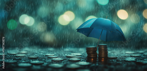 Wallpaper Mural Blue Umbrella on Coin Stack with Rainy Green Bokeh Background, Business and Financial Protection Concept Torontodigital.ca