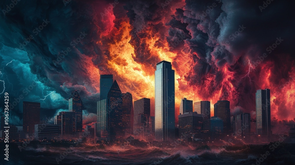 Obraz premium A dramatic urban landscape engulfed in fiery clouds and turbulent waves.