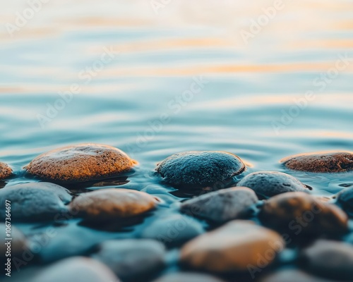 Water rippling over rock surface, high detail, soft natural light, calm and peaceful freshwater environment photo