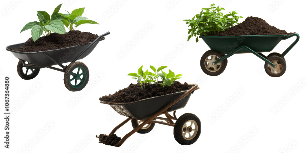 Fresh Plants in Wheelbarrows on a White Background Fresh Plants in Wheelbarrows on a White Background