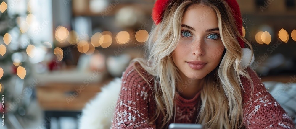 Fototapeta premium young woman with phone at home at christmas
