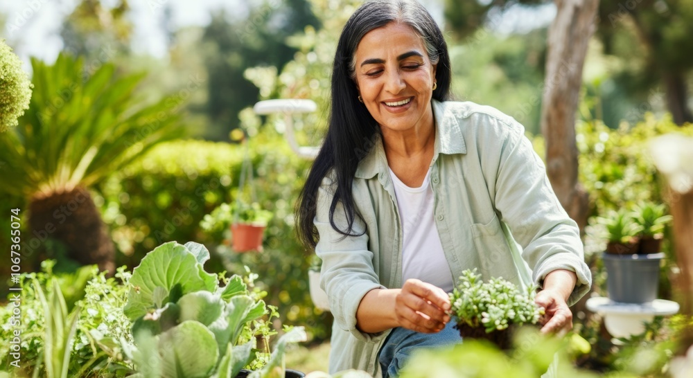 Obraz premium Joyful senior woman gardening among lush greenery in a sunny garden setting