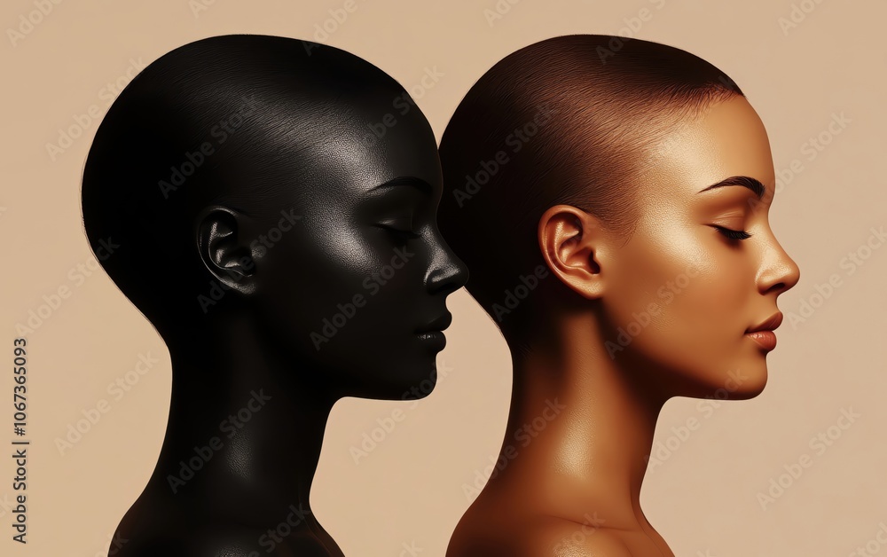 Two elegant mannequin heads in contrasting skin tones, soft gradient background. Two elegant mannequin heads in contrasting skin tones, soft gradient background.
