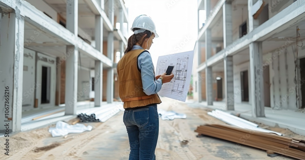 Female architect in hard hat checks building plans at construction site, ensuring safety and overseeing development Female architect in hard hat checks building plans at construction site, ensuring safety and overseeing development