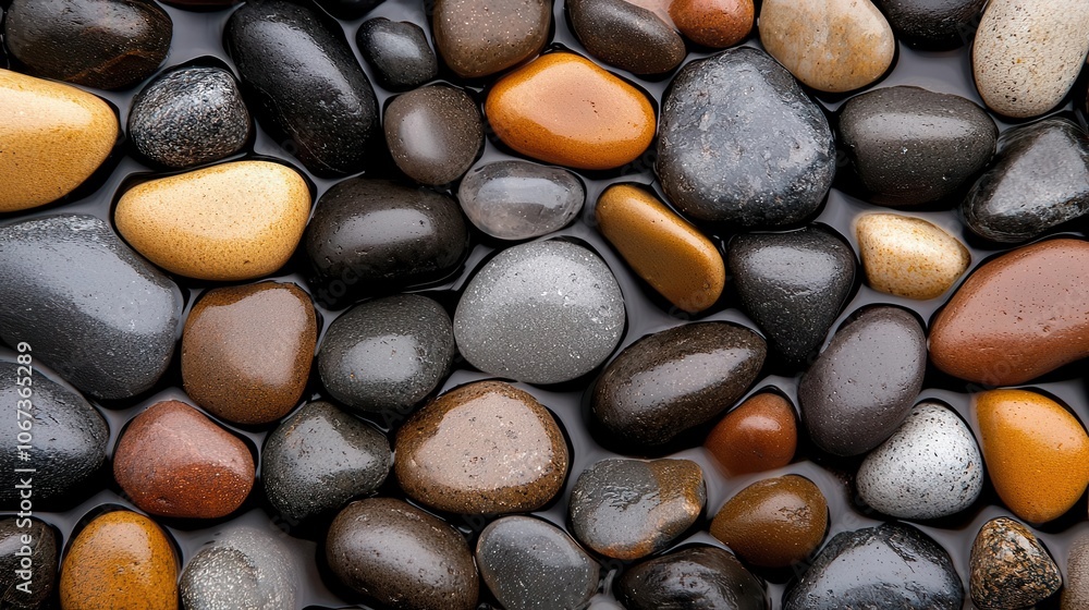 Closeup of smooth river stone, wet surface with reflections, natural light, earthy tones, calm and peaceful setting Closeup of smooth river stone, wet surface with reflections, natural light, earthy tones, calm and peaceful setting