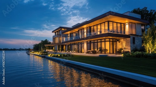 Modern lakeside house illuminated at dusk with serene water reflections.