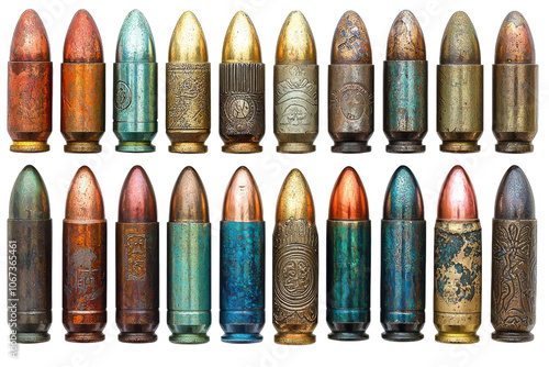 Collection of  Brass  Bullets with Patina and Engraved Designs , for design element, transparent background or isolated on white photo