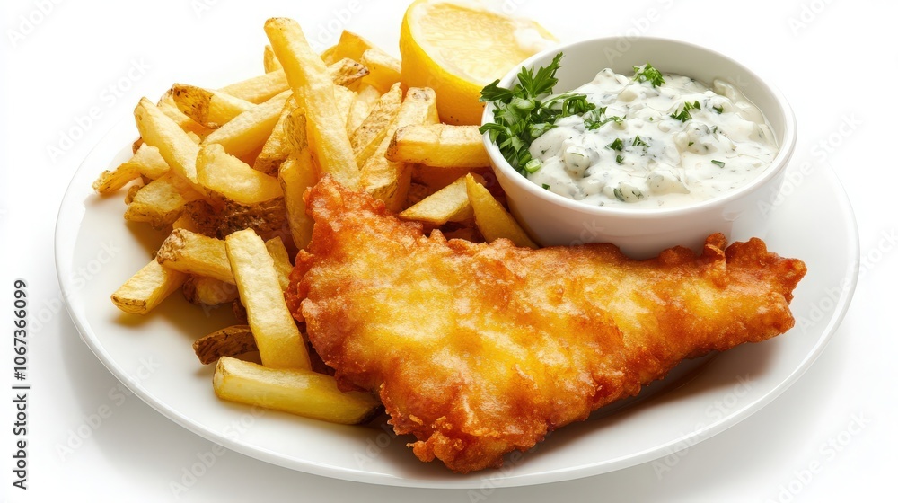 A traditional English fish and chips with golden fried fish, crispy fries, and a side of tartar sauce A traditional English fish and chips with golden fried fish, crispy fries, and a side of tartar sauce